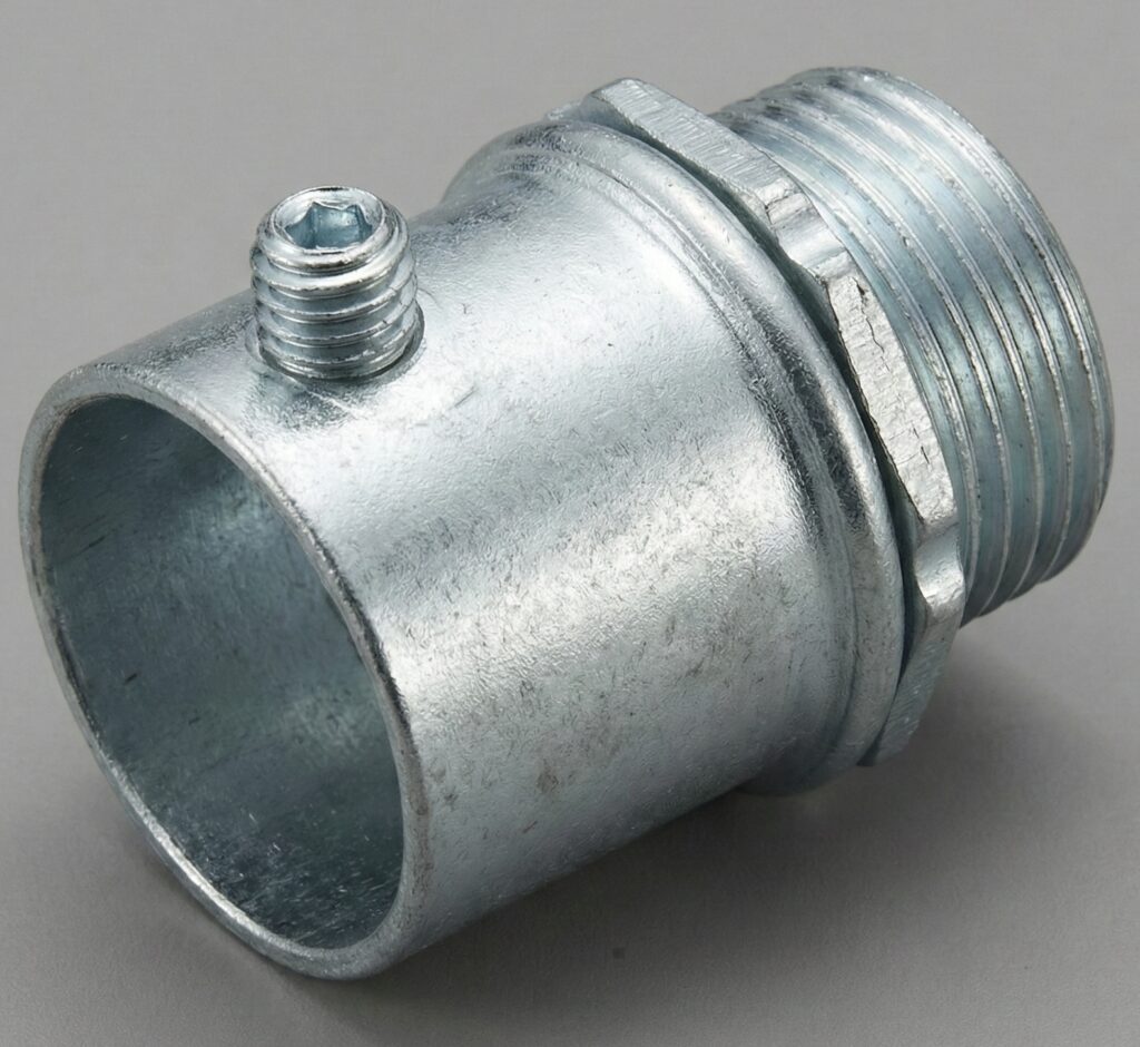 ねじなしボックスコネクタの単体写真。側面のねじと、ボックス接続用のねじ山が見えるアングル