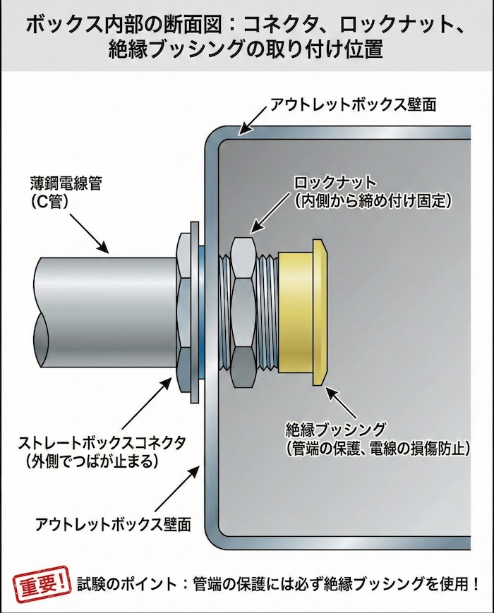 ボックス内部の断面図。コネクタ、ロックナット、絶縁ブッシングの取り付け位置を示したもの