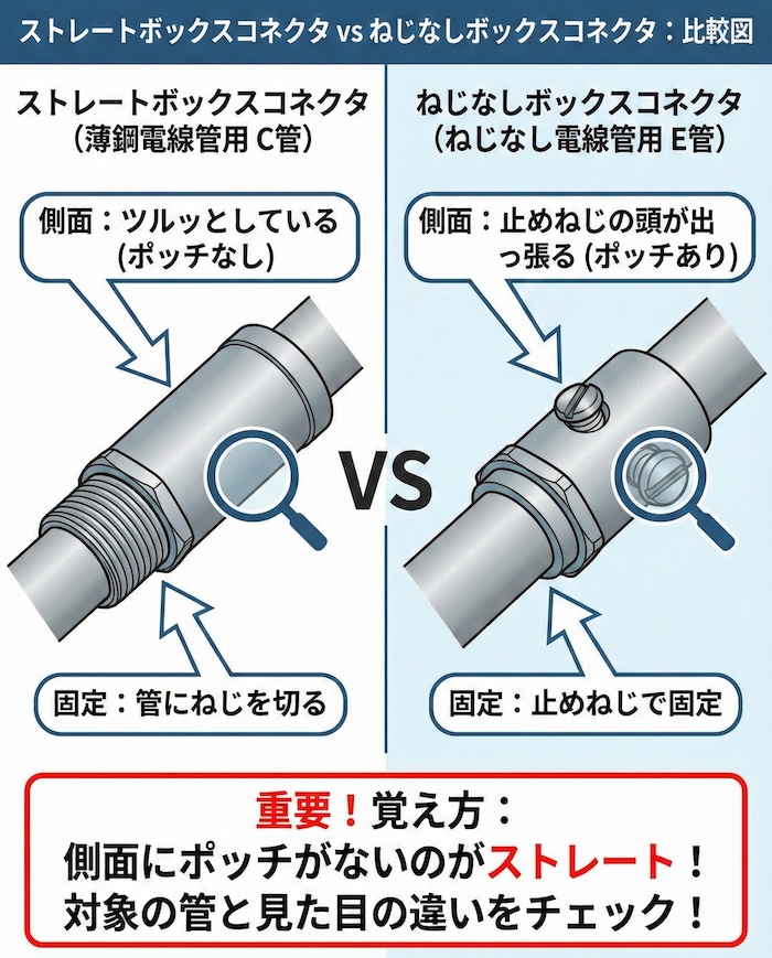 ストレートボックスコネクタとねじなしボックスコネクタを並べて比較した図
