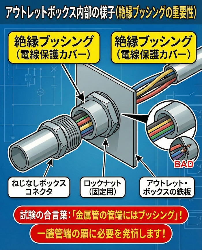 アウトレットボックス内部の様子。ロックナットの上に絶縁ブッシングが取り付けられている図
