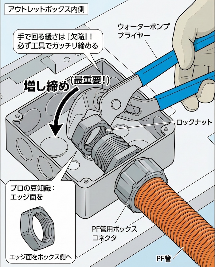 ウォーターポンププライヤーを使って、ボックス内側のロックナットを締め付けている施工図