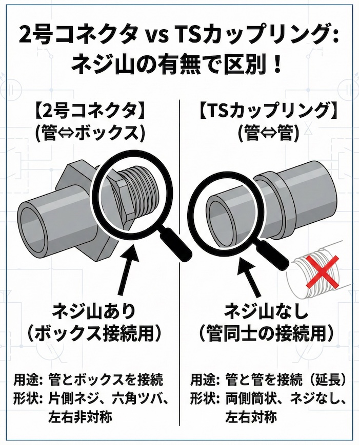 2号コネクタとTSカップリングを並べた比較図。ネジ山の有無を強調