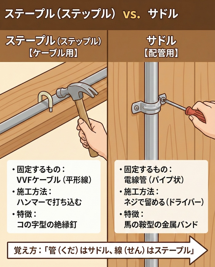 ステープルとサドルを並べて比較した図。