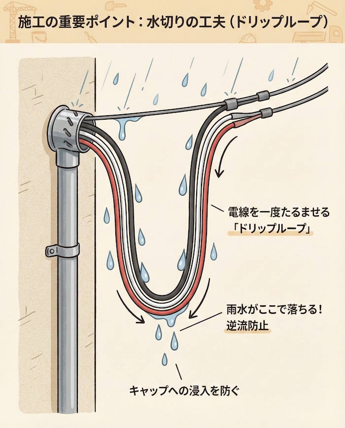 電線管から出た電線が一度U字にたるんでから引き込まれている図