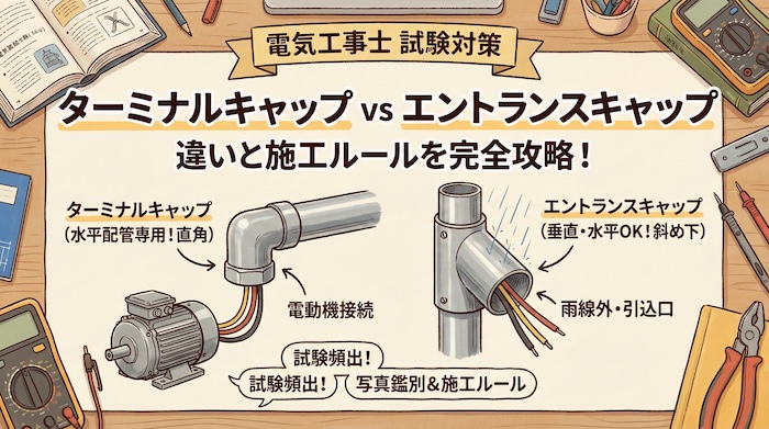 【電気工事士】ターミナルキャップとは？エントランスキャップとの違いや水平配管の施工ルールを徹底解説
