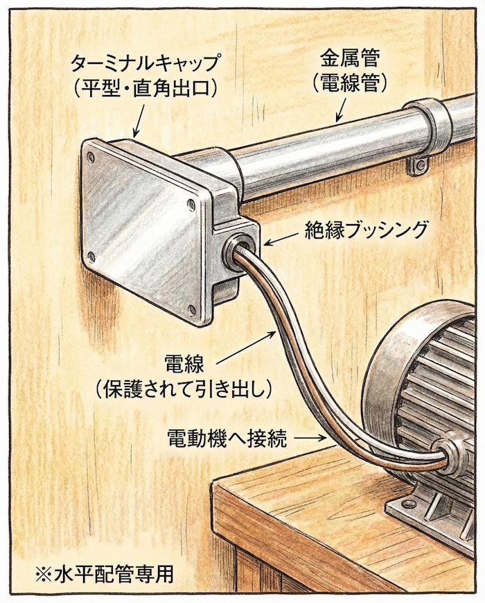 金属管の先端に取り付けられたターミナルキャップのイメージ図
