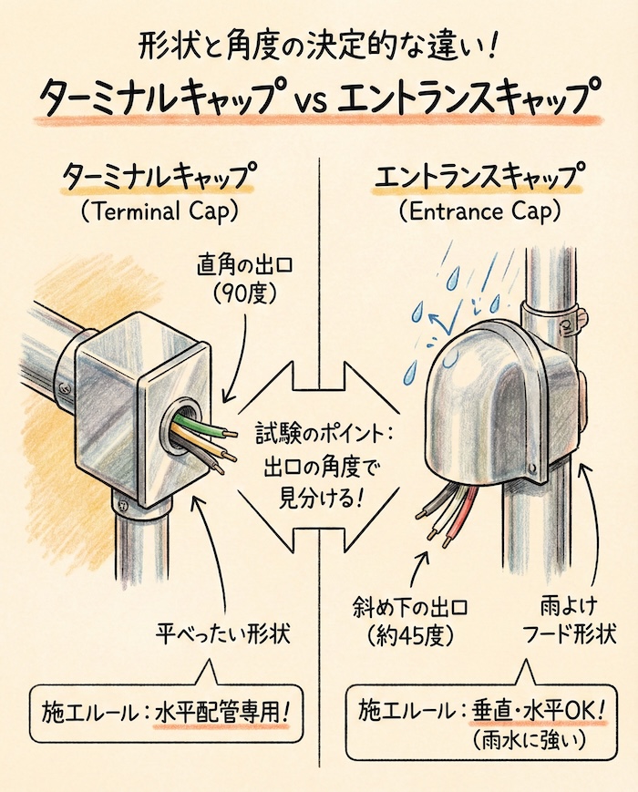 ターミナルキャップ（直角）とエントランスキャップ（斜め）を並べた比較図