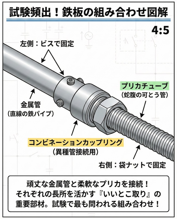左側から直線の金属管、右側から蛇腹のプリカチューブが伸びており、中央でコンビネーションカップリングが接続されている図
