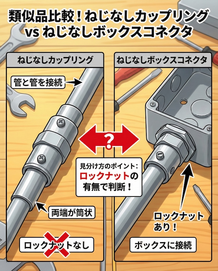 ねじなしボックスコネクタとねじなしカップリングを並べた比較画像