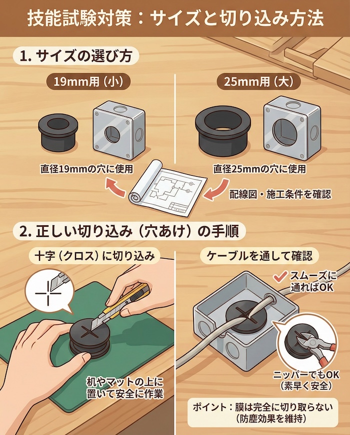 技能試験対策：サイズと切り込み方法
