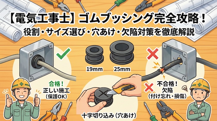 【電気工事士】ゴムブッシングの役割と技能試験での欠陥対策！穴あけ方法も徹底解説