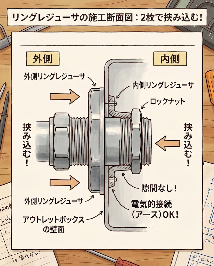 アウトレットボックスの壁面をリングレジューサ2枚で挟み、コネクタを通している断面図