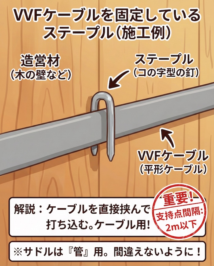 VVFケーブルを固定しているステープルの図