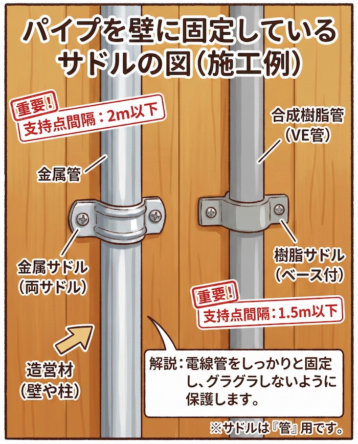 パイプを壁に固定しているサドルの図