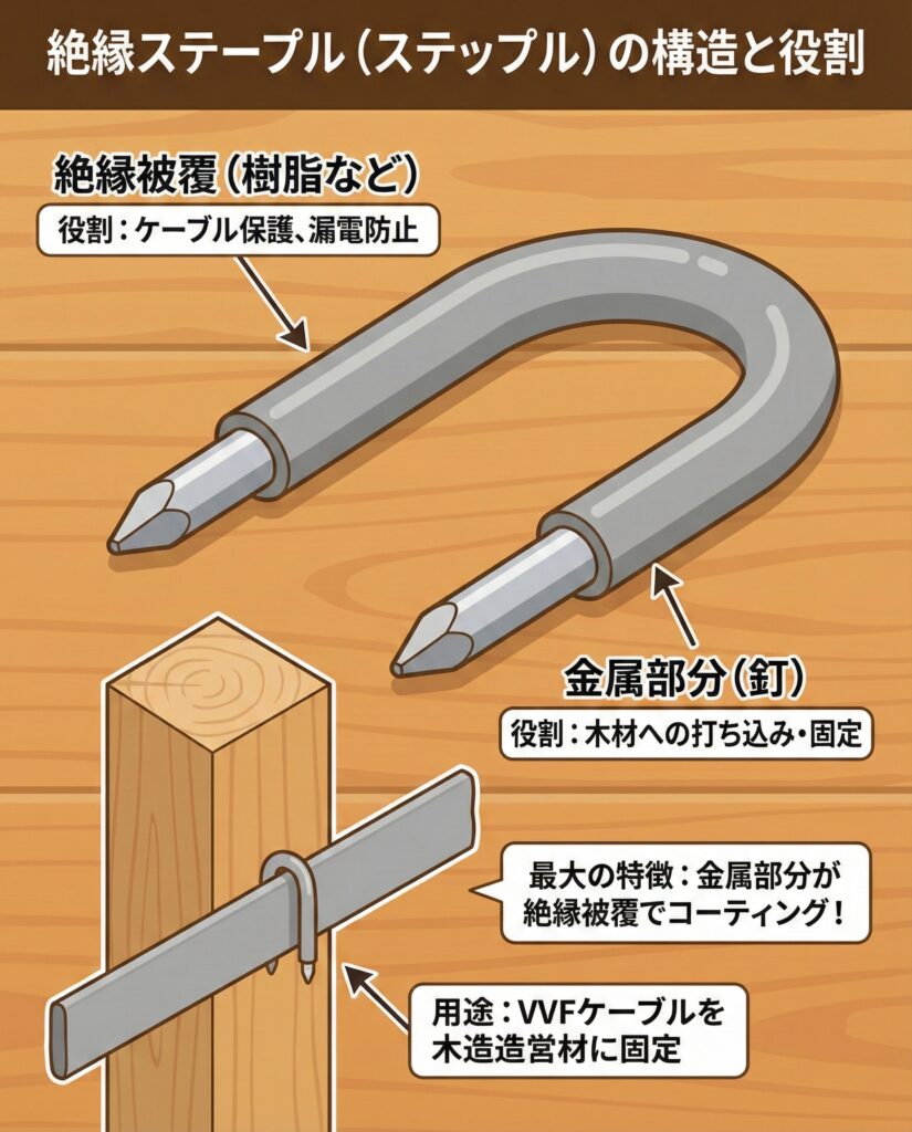 コの字型の金属釘で、内側や全体が絶縁被覆でコーティングされているステープルの写真