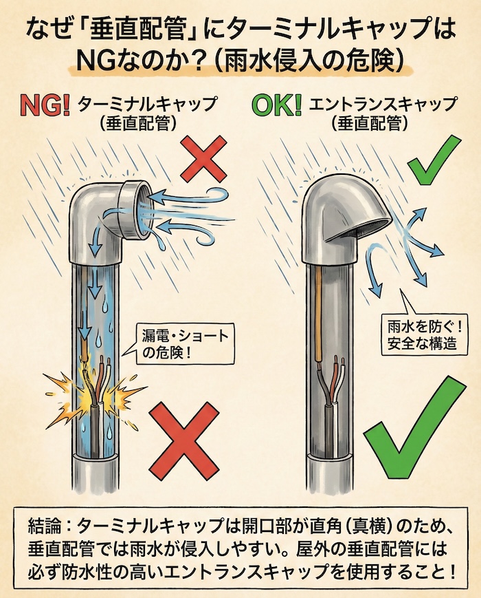 3. なぜ「垂直配管」にターミナルキャップはNGなのか？