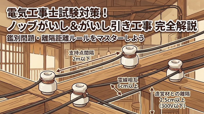 【電気工事士試験】「ノッブがいし」とは？がいし引き工事の用途と離隔距離ルールを徹底解説