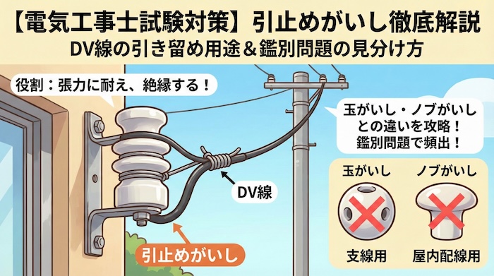 【電気工事士】引止めがいし（引留がいし）とは？DV線の引き留め用途と鑑別問題での見分け方を徹底解説