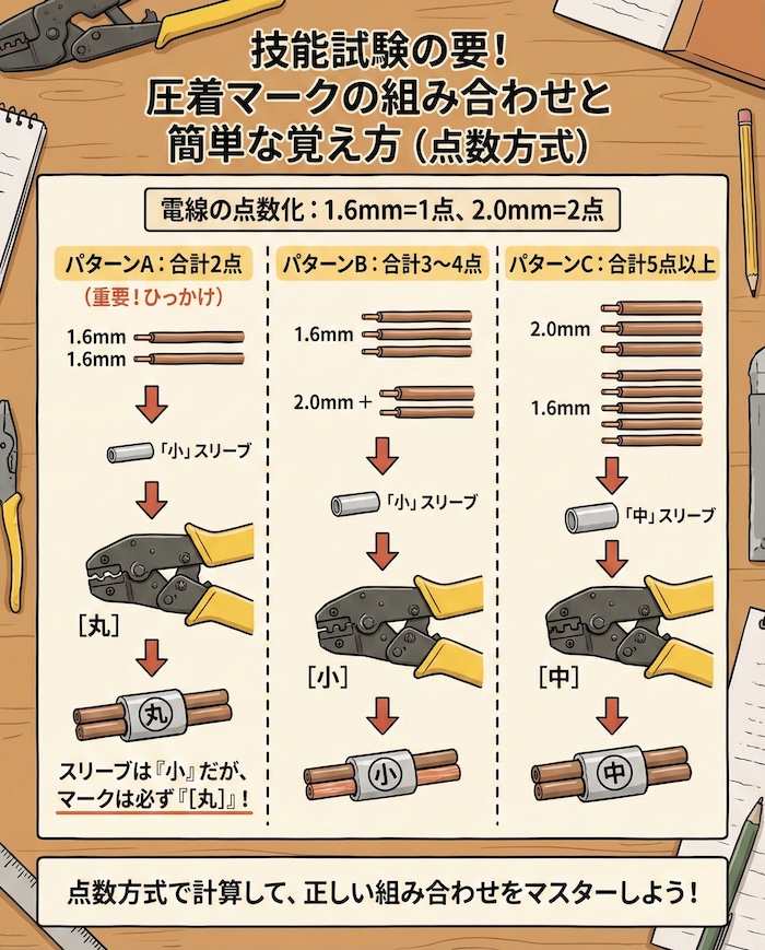 4. 技能試験の要!圧着マークの組み合わせと簡単な覚え方