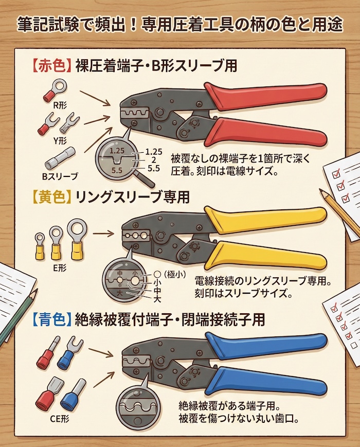 3. 筆記試験で頻出！専用圧着工具の柄の色による見分け方
