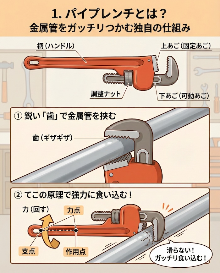 1. パイプレンチとは?金属管をガッチリつかむ独自の仕組み