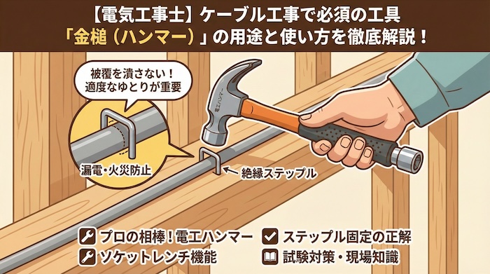 【電気工事士】ケーブル工事で必須の工具「金槌（ハンマー）」の用途と使い方を徹底解説！普通の釘打ちとの違いは？