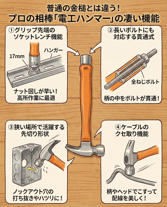 4. 普通の金槌とは違う！プロの相棒「電工ハンマー」の凄い機能