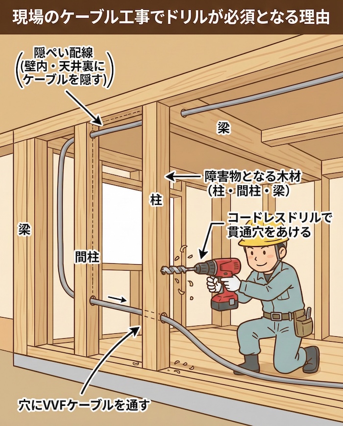 1. 現場のケーブル工事でドリルが必須となる理由