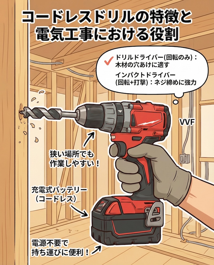 2. コードレスドリルの特徴と電気工事における役割