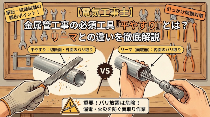【電気工事士】金属管工事で必須の工具「平やすり」とは？リーマとの違いやバリ取りの用途を徹底解説