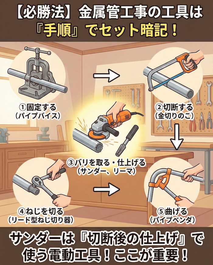 6. 金属管工事の工具は手順でセットにして覚える