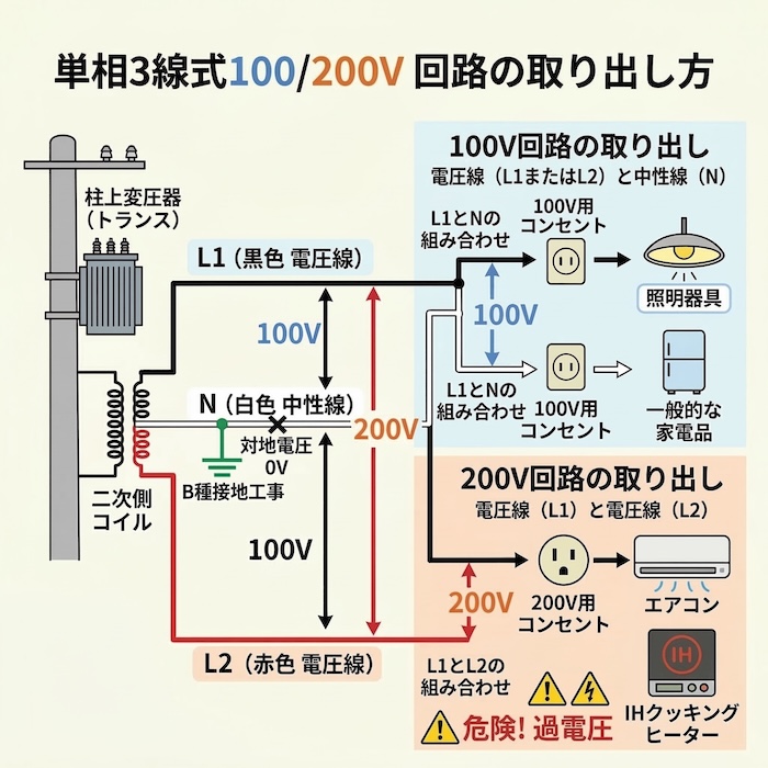 100V回路と200V回路の取り出し方