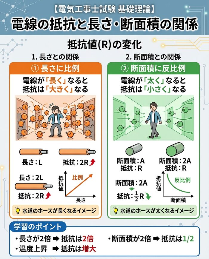 長さと断面積による抵抗値の変化を表した図解や公式の画像