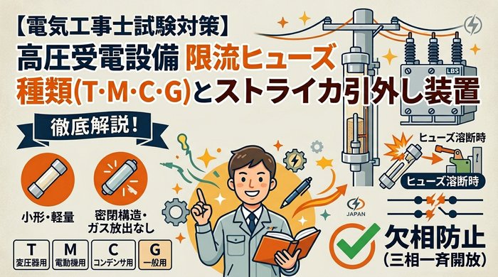 【電気工事士】高圧受電設備の限流ヒューズの種類（T・M・C・G）と特徴（小形・密閉構造）、ストライカ引外し装置の役割（欠相防止）を徹底解説