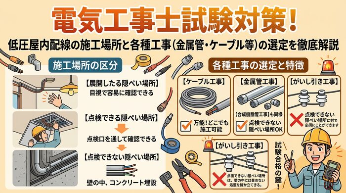 電気工事士試験対策！低圧屋内配線の施工場所と各種工事（金属管・ケーブル等）の選定を徹底解説