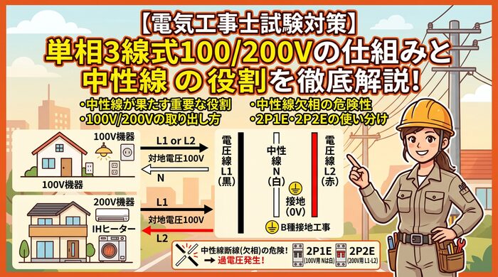【電気工事士試験対策】単相3線式100/200Vの仕組みと中性線の役割を徹底解説！