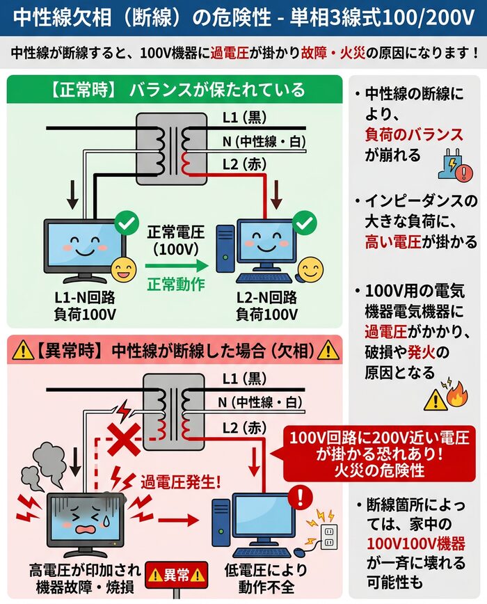 中性線欠相(断線)の危険性