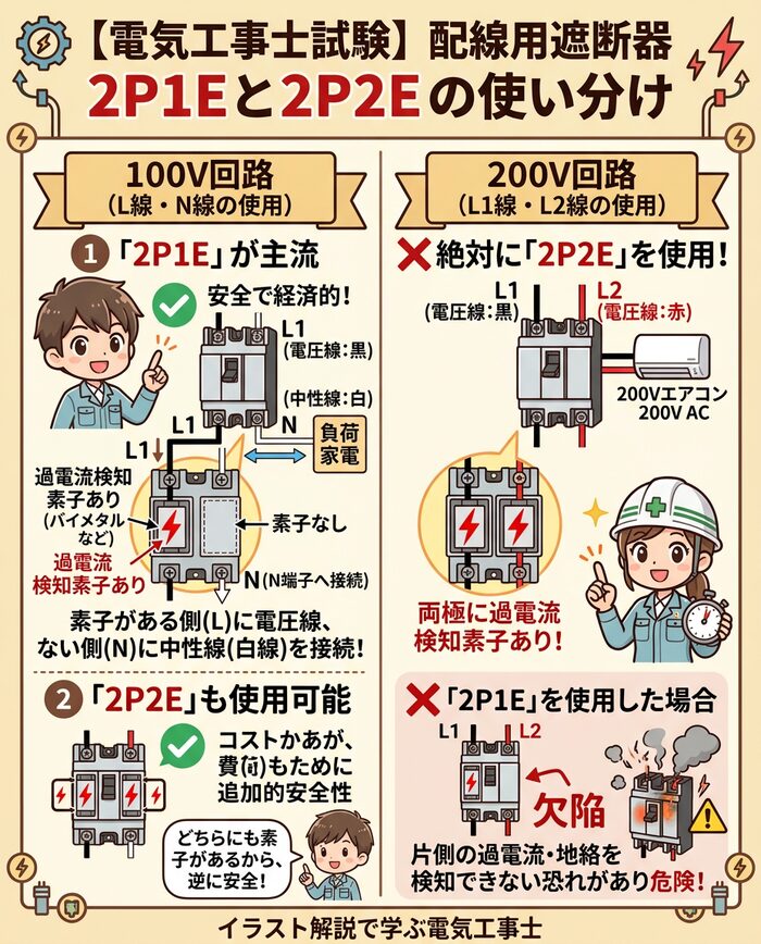 配線用遮断器の極数と素子数(2P1Eと2P2E)の使い分け