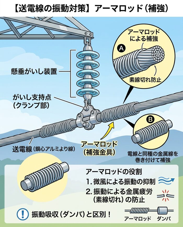 がいし支持部分の電線に巻き付けられたアーマロッドの図
