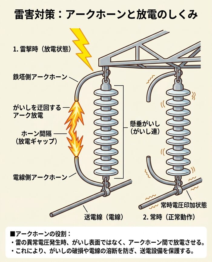 がいしの両端に取り付けられたアークホーンと放電の様子を示す図