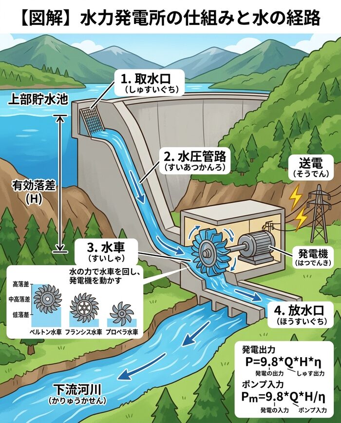 ダムから取水口、水圧管路を経て水車を回り、放水口へ至る水力発電所の全体図
