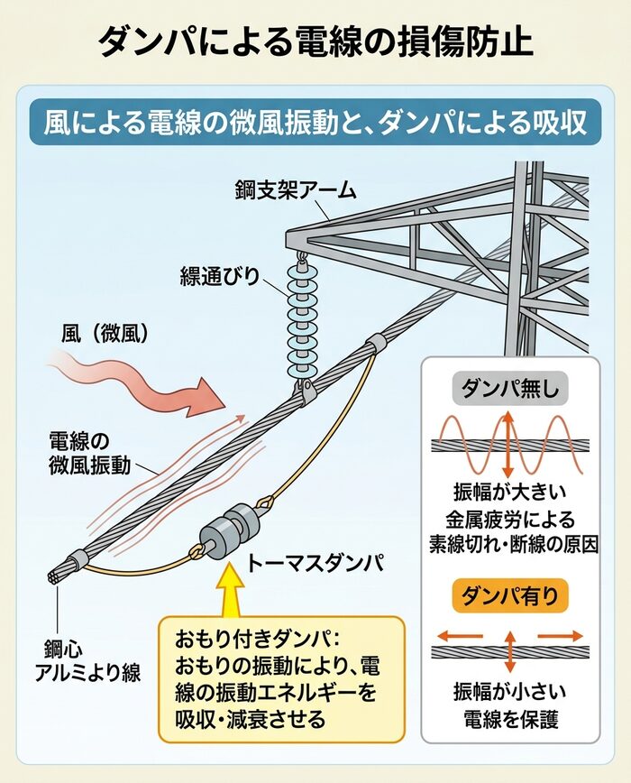 電線に取り付けられたダンパ(おもり)の図