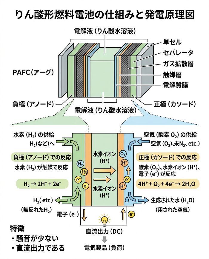 りん酸形燃料電池の発電原理図