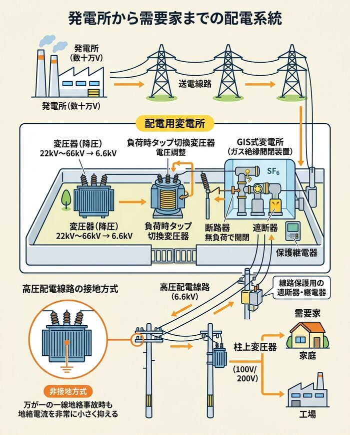 発電所から需要家までの配電系統の図解画像
