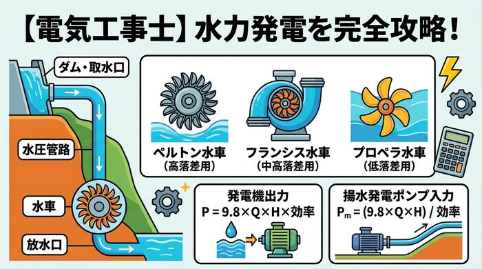 水力発電を完全攻略！水車の種類・経路・出力計算と揚水ポンプ入力の公式まとめ