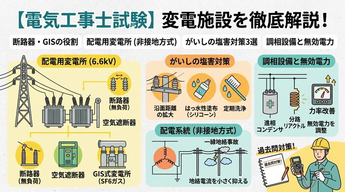 変電施設を徹底解説！変電設備・配電用変電所の仕組み・がいしの塩害対策・調相設備