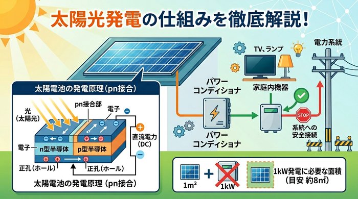太陽光発電を徹底解説！太陽電池の発電原理・インバータ・系統連系保護装置の仕組み