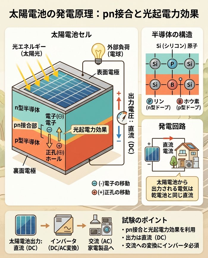 pn接合の発電原理の図解画像を挿入