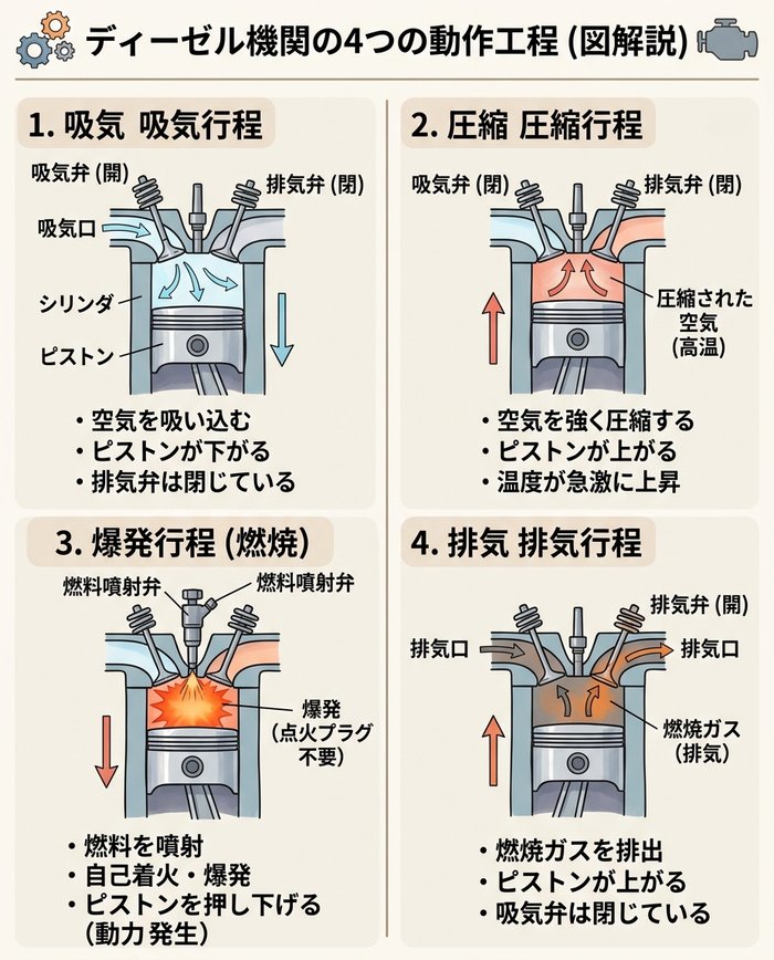 ディーゼル機関の4つの動作工程