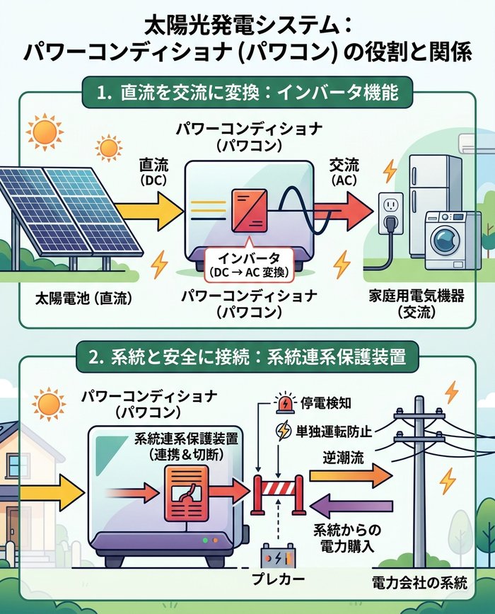 太陽光発電システムの全体構成（パネル、インバータ、系統）の図解画像